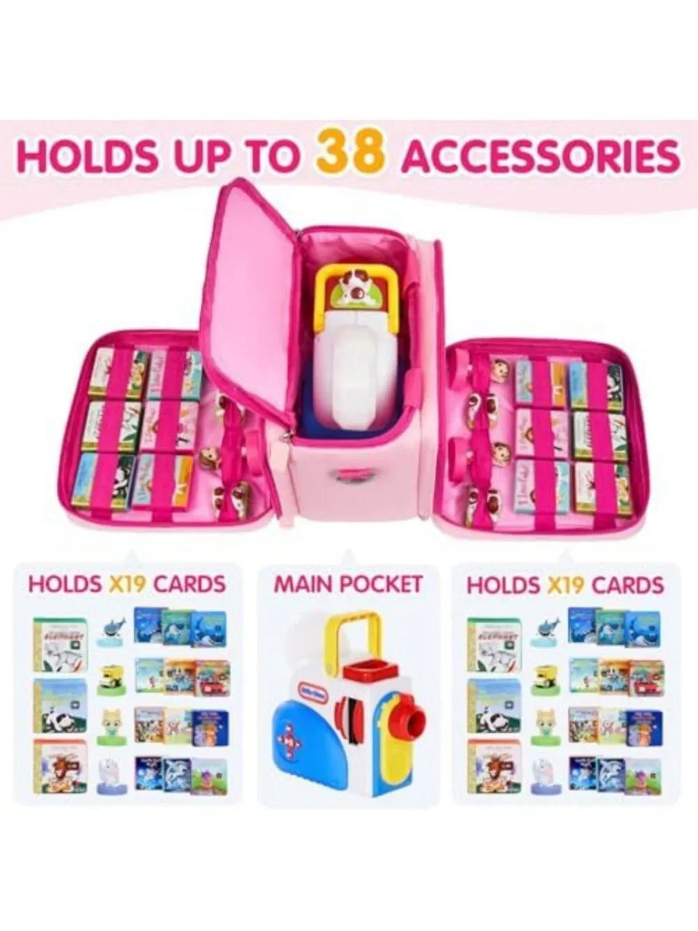 Portable Storage Case for Story Books & Characters, Pink, with Handle & Strap
